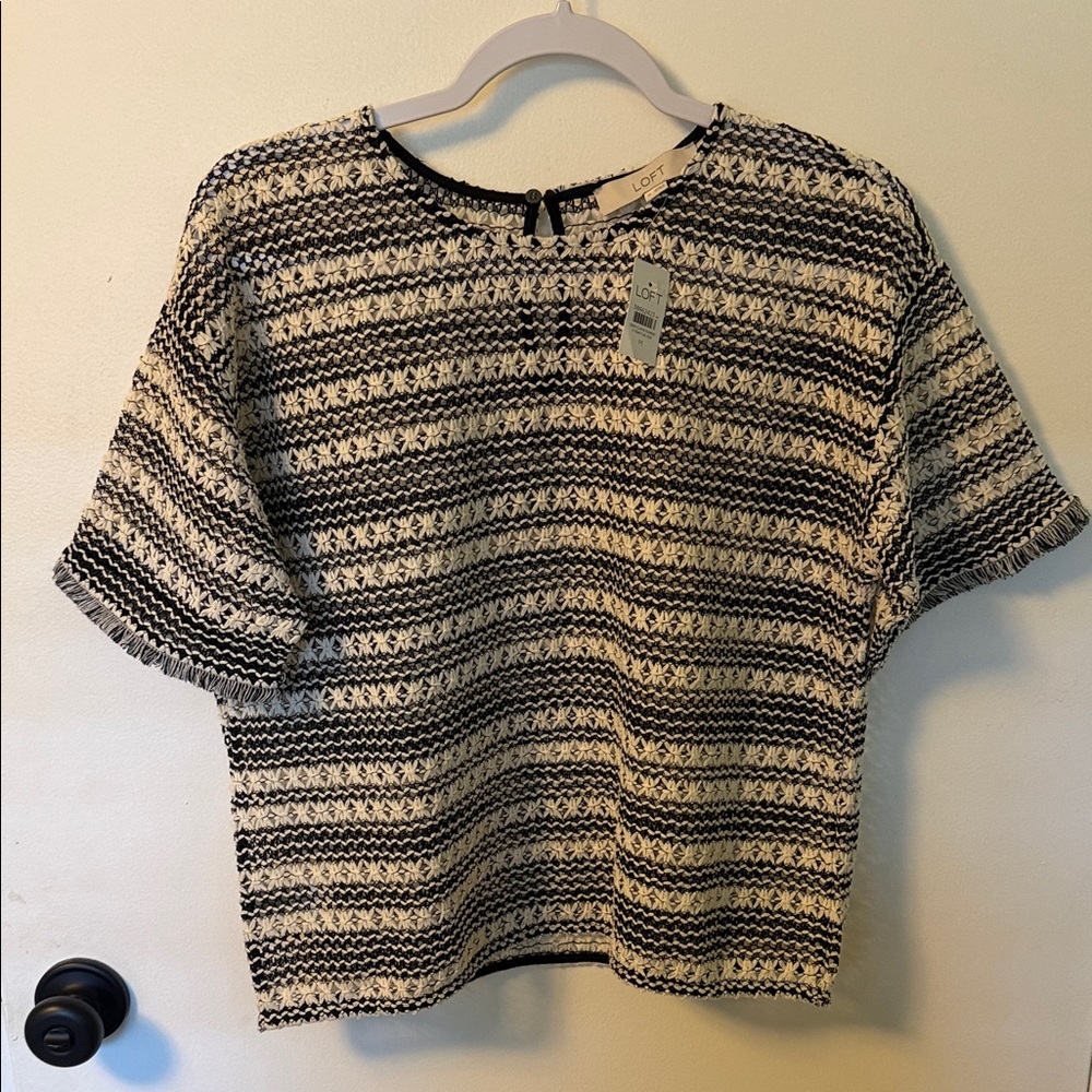 LOFT Black and Cream Striped Knit Boxy Short-Sleeve Top